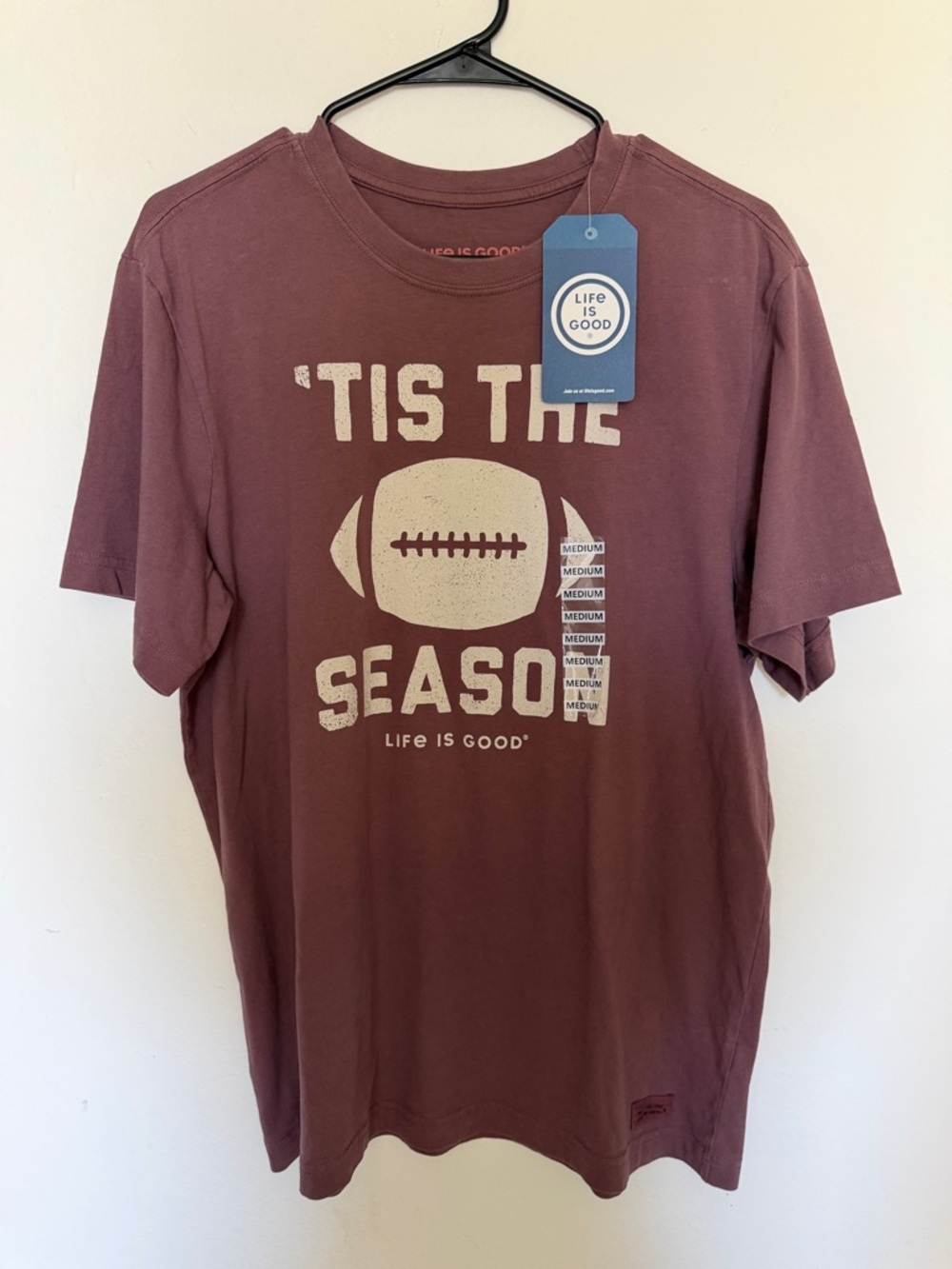 NWT Life Is Good, medium size T-shirt “Tis the Season” football